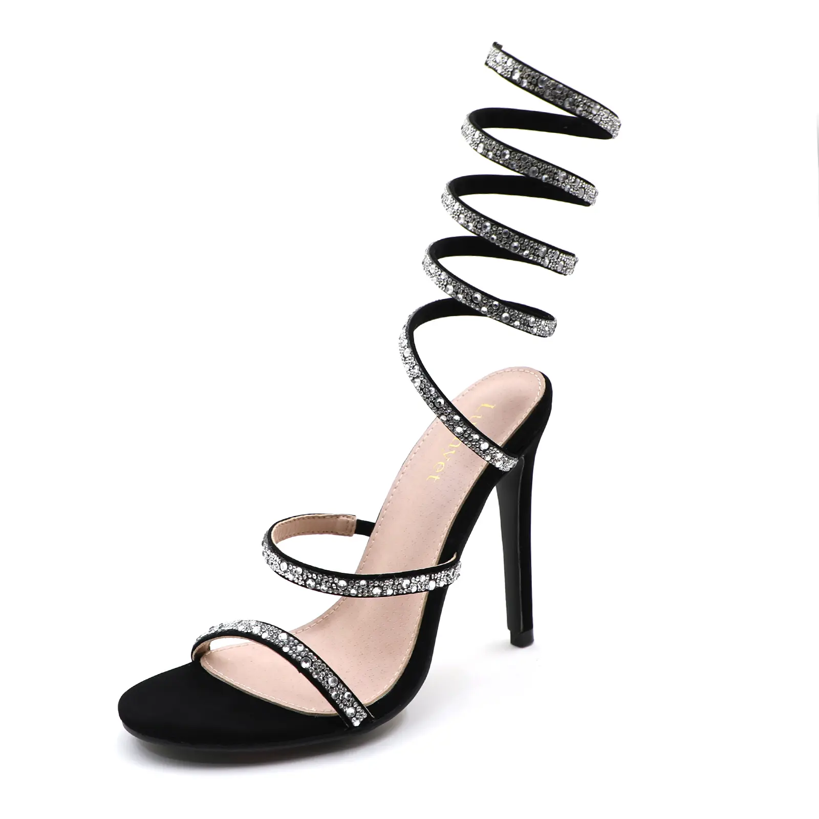 Women's Faux Leather Sparkly Rhinestone Spiral Wrap Ankle Coil Stiletto Sandals - Open Toe, Thin Strap, Adjustable Buckle Dance Heels for Wedding, Party Wear - Elegant Black Ballroom Mary Janes Pumps, US Sizes