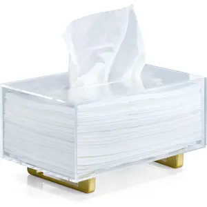 Thick Acrylic Rectangular Clear Tissue Box Holder Dispenser with Gold Plated Aluminum Legs for Bathroom, Kitchen, Bedroom, Office, Hotels and Restaurants