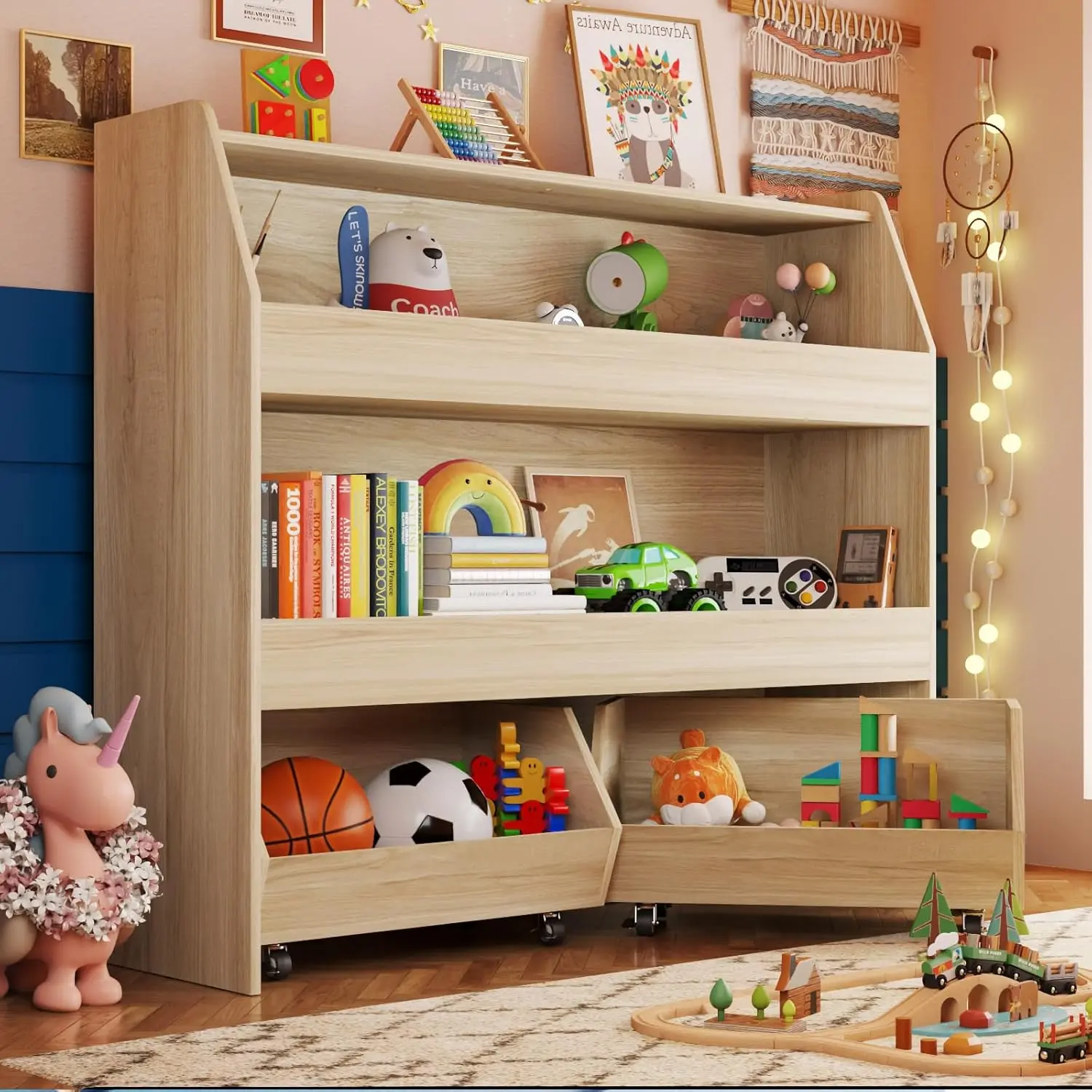 COZPAW Modern White Multi-Tiered Montessori Organizing Shelf - 2-Tier Storage Rack with Roll-Easy Bottom Movable Bins, Toy Shelves & Racks for Kids Room Corner Use, Stuffed Toys