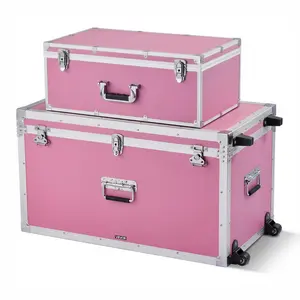 VEVOR Metal Storage Trunk, Summervibes, Set of 2, Wooden Suitcase Storage Boxes with Padlocks, Large Trunk Includes Casters & 3 Metal Handles, Decorative Store Chest with Lids for Travel, Apartment, Dorm, Pink