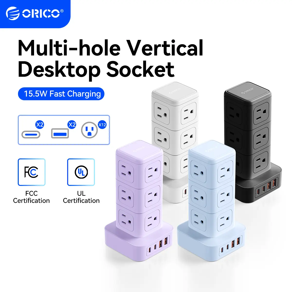 ORICO Multi Plug Power Strip Tower with USB Ports, 12 AC Outlets, 4 Ports (2 USB-C), 5FT Extension Cord, Space-Saving Charging Station for Home Office Dorm-TPP, Power Strips With Usb Ports Usb Power Socket Surge Protector Power Strips Multiple Sockets Mul