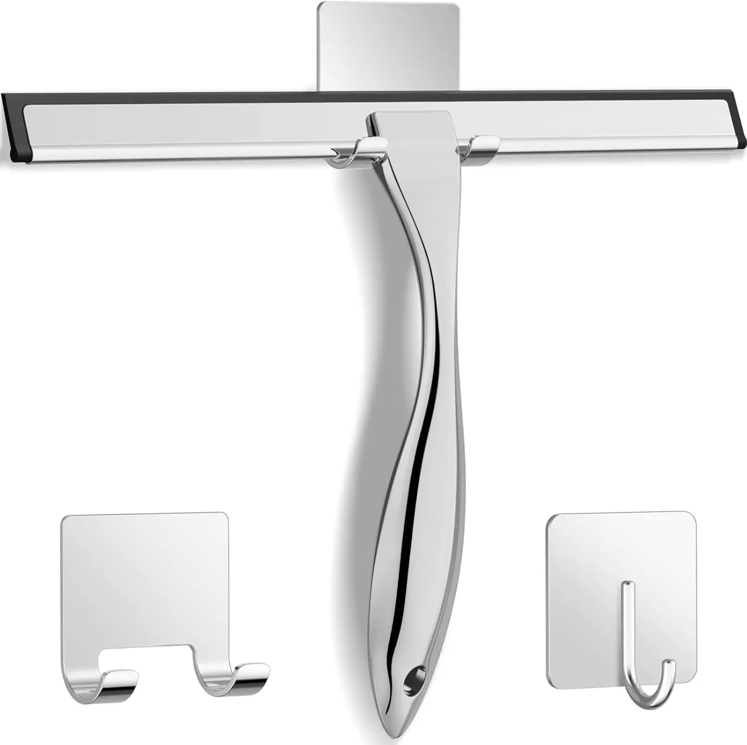 Multi purpose stainless steel shower scraper suitable for shower glass doors, with 2 adhesive hooks, bathroom cleaning tools, household window mirror scraper suitable for glass doors, cleaning ceramic tile walls, cars, 10 inch silver
