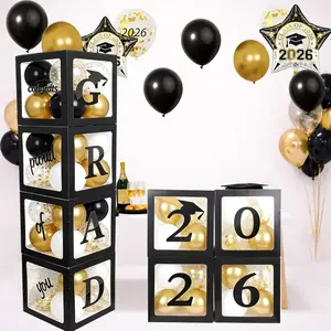Graduation Decorations 2026 Grad Balloon Boxes for Balloon Arch Kit Black  Party Decor- 4 count Black Balloon Boxes with Letters & Balloons for Class of 2026 Photo Backdrop Props