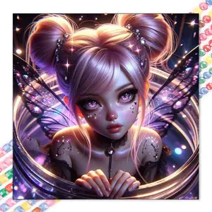 1 set of DIY diamond painting kit, 5D diamond art set, DIY decoration fairy wings, purple hair, shiny beads. Mosaic, diamond art, DIY art home decoration.