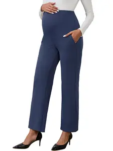 INSPIRE CHIC Women's Maternity Palazzo Pants Over the Belly Wide Leg High Waisted Pregnant Work Pants Navy Blue