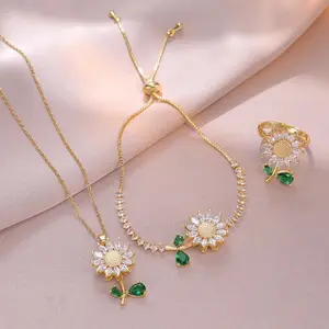 3PCS Sunflower Zircon Jewelry Set, Green Leaf Necklace, Ring & Bracelet for Women, Fashion Accessories
