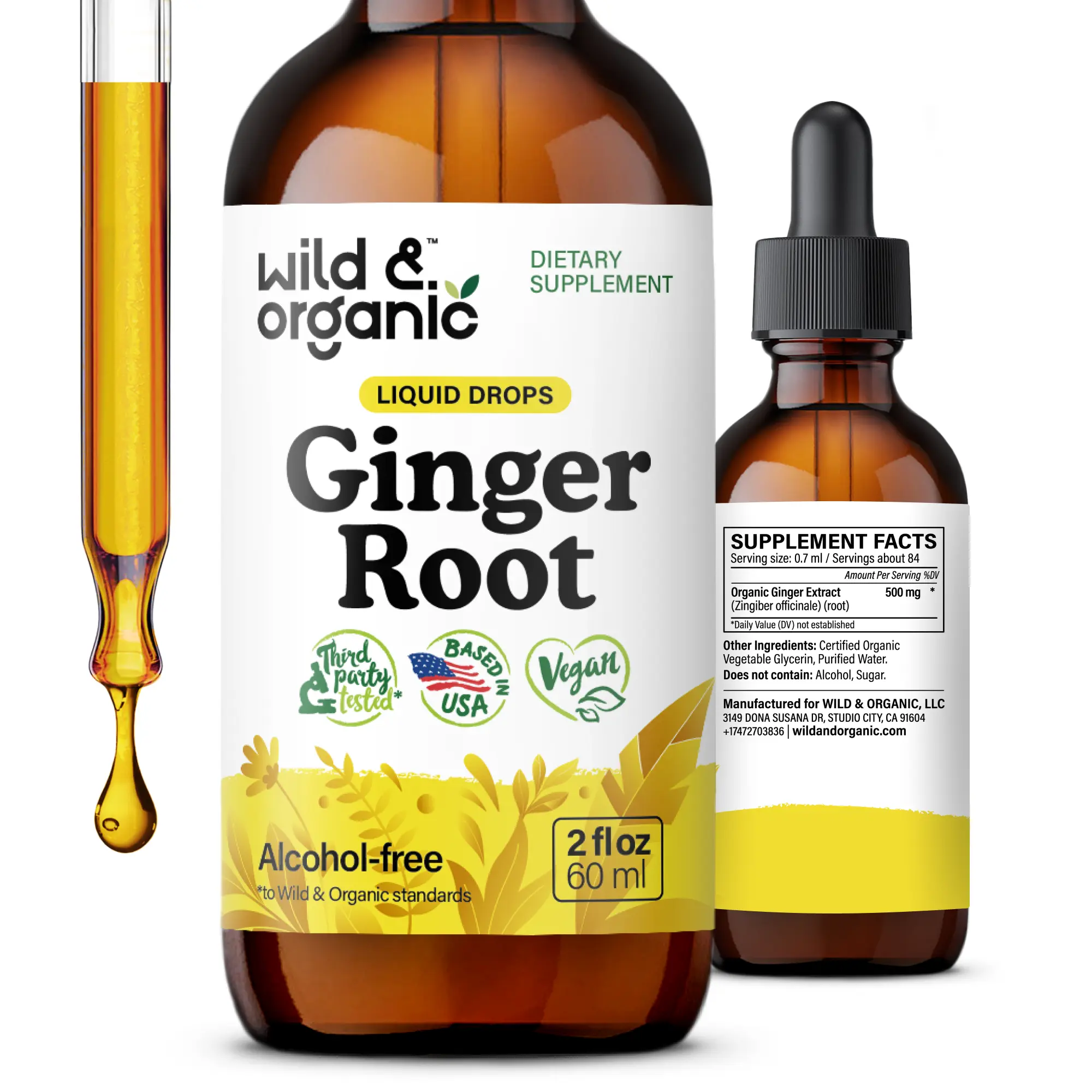 Wild & Organic's Ginger Extract Liquid Drops - Immune & Digestive Support - Liquid Ginger Root Supplement - Vegan, Sugar & Alcohol-Free Tincture