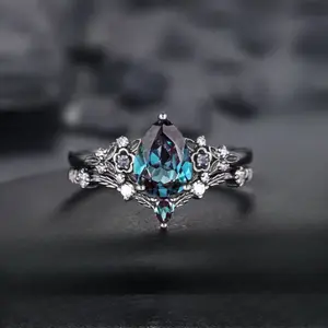 Engagement Rings with Artificial Stones Black Flower Engagement Ring Set with Unique Platinum Black Magic Ring as Gift for Bride, Friends and Relatives