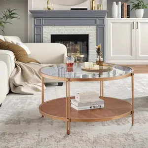 Round Glass Coffee Table with Wooden Storage Space Double-Layer Round Coffee Table with Metal Frame Modern Living Room Centerpiece Suitable for Living Rooms, Conference Rooms, and Dining Areas Easy Assembly (Dimensions: 32x32x18 inches)