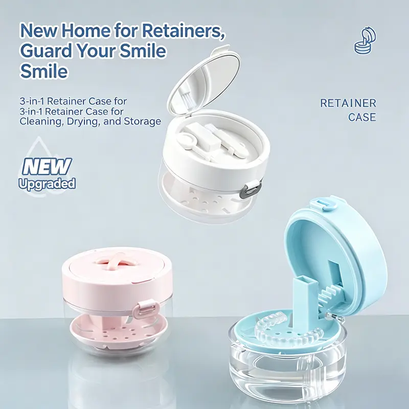 3-in-1 Portable Retainer Case with Cleaning Basket, Invisible Aligner & Denture Storage Holder for Cleaning Tablets