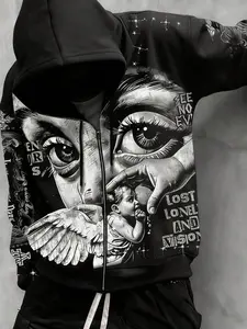 Gothic Hooded Sweatshirt, Full Zipper Design, Angel Eye Print, / Options, Vintage Pattern, Loose Fit, Unisex Streetwear