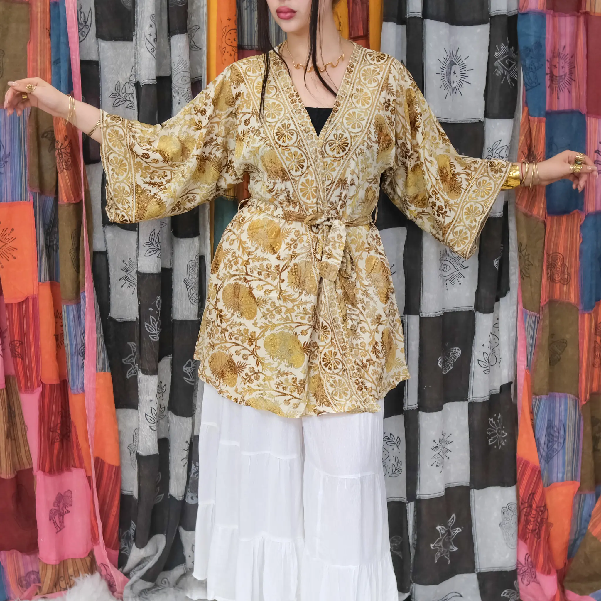 Short Bohemian Kimono, Upcycled Fashion, Beach Kimono, Boho Cardigan, Short Kimono Robe, Beach cover up, Handmade Summer Jacket, Gift  for Her, Holiday Fashion, Loungewear, Bridesmaid Robe