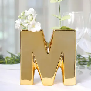 Ceramic Letter "M" Vase Shiny Gold Plated 6" - Stylish Bud Planter Pot for Table Centerpieces