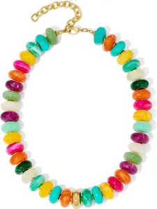 1pc Bohemian Multicolor Chunky Beaded Necklace For Women, Fashion Oval Acrylic Bead Chain Necklace, Statement Choker Jewelry, Colorful Summer Beach Vacation Necklace, Trendy Handmade Resin Bead Jewelry Gift For Women, Y2K Tropical Party Accessories