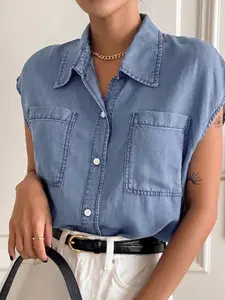 Women's Soft Modal Denim Sleeveless Shirt Blouse, Summer Lightweight Collared Top, Vintage Washed Double Pocket, Casual Breathable Fashion