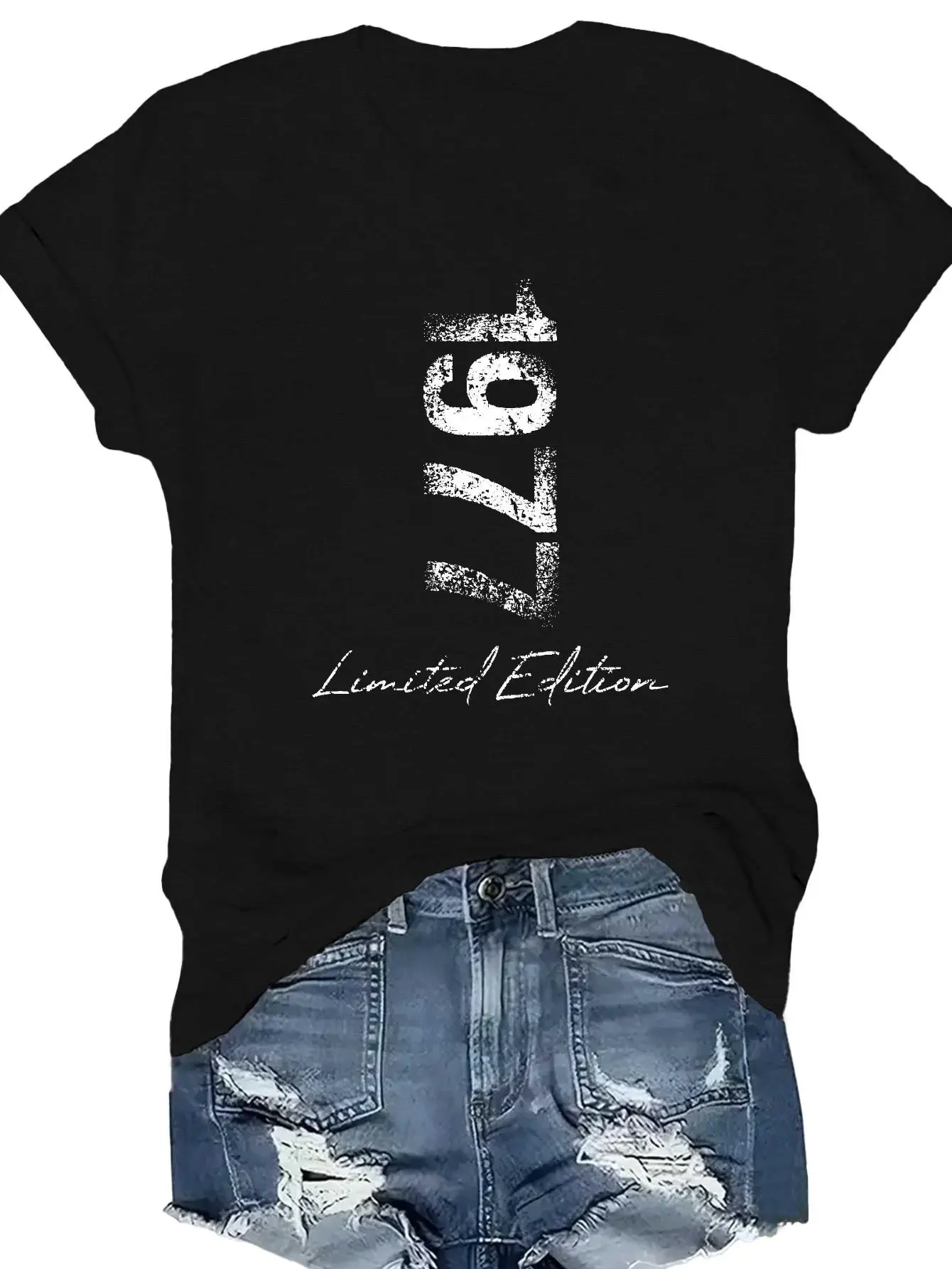 Women's Casual Cotton Apparel - Teediy 1977 Limited Edition Retro Printed Short-Sleeve Round-Neck T-Shirt, Soft Thick Fabric, Navy Base with White 77 Print, 70S Style, Everyday Versatile, Shortsleeve