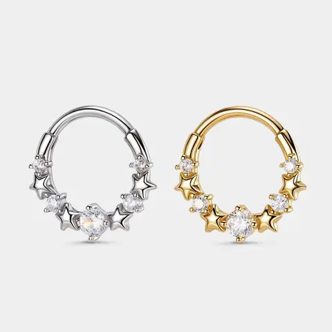 OUFER BODY JEWELRY 16G 316L Stainless Steel Constellation Galaxy Segment Ring - CZ Star Clicker Open Daith Septum Piercing Jewelry for Daily Wear