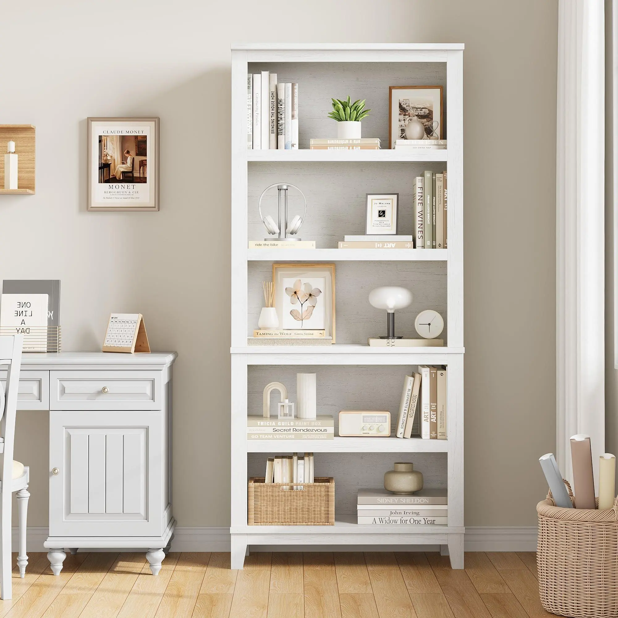 GARVEE Set of 2 71" Tall Narrow 5-Tier Farmhouse Bookcases with Adjustable Shelves & Wooden Legs, Indoor Furniture for Apartment Office, Farmhouse Look, Five Tiers