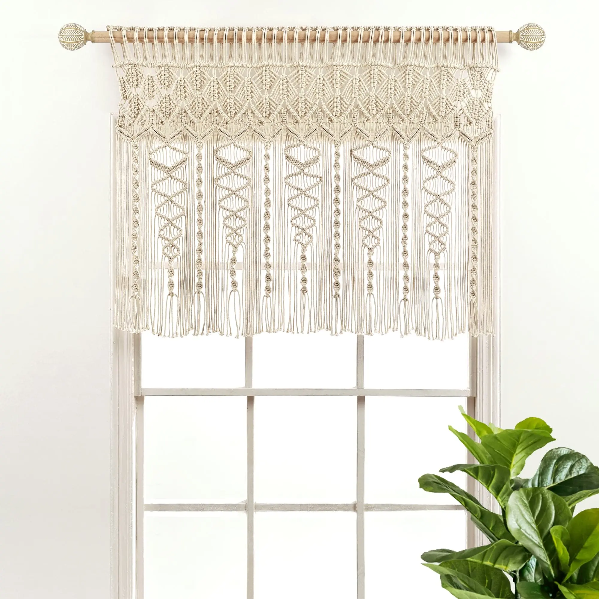 Lush Decor Boho Macrame Textured Cotton Single Valance - Hand Woven Geometric Patterns, 40"W x 30"L or 50"W x 20"L, Ideal for Kitchen & Window Decor, Natural Fiber Material, Easy Installation, Room Decor, House Decor