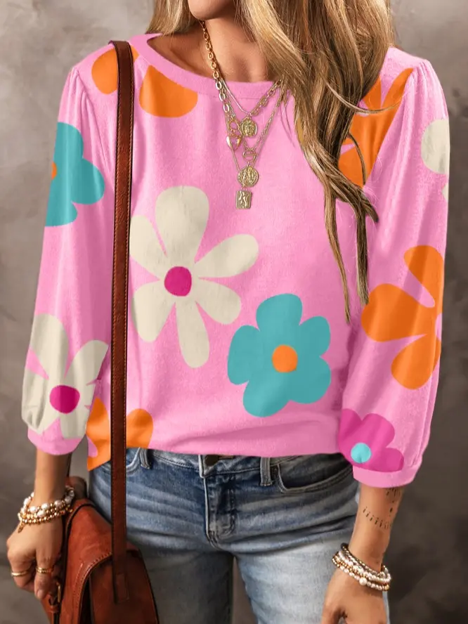 Rose Cute Flower Print Bracelet Sleeve Top