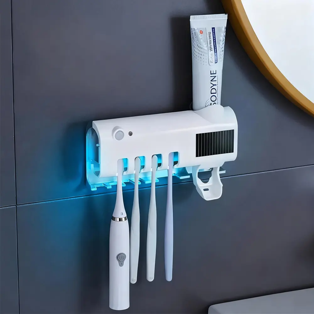 ABS Smart Induction Combined Toothbrush Holder Set with Dispenser - Self-Adhesive, Drill-Free, No-Wiring Multifunctional Bathroom Gadget, Durable Modern Wall Organizer for Family Oral Care Toothbrush Storage Rack