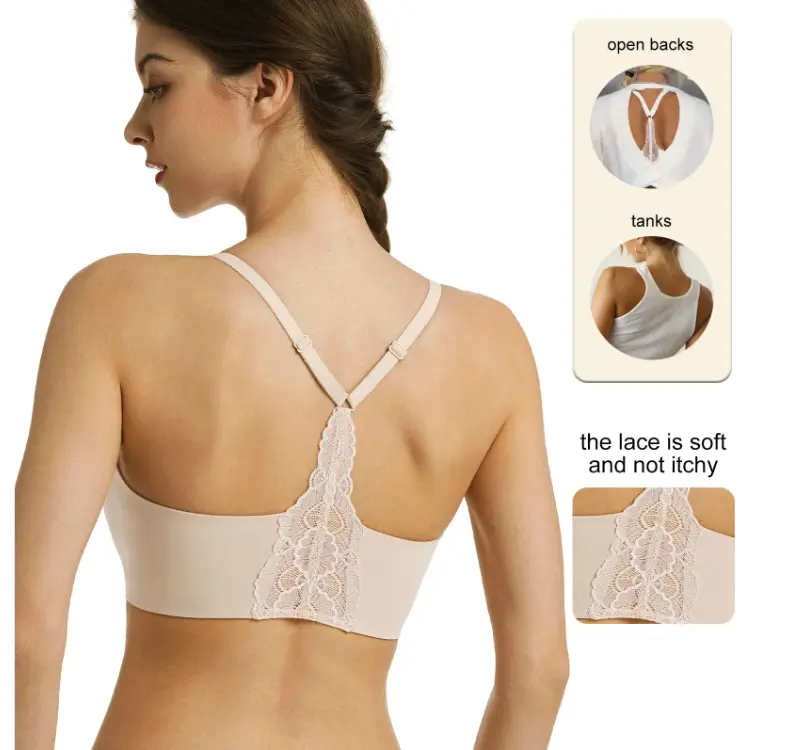 Lusait Lace Jelly Bra Bralettes for Women Pullover Bra Seamless Wireless Deep V Racerback Comfort Padded Everyday Tshirt Bra