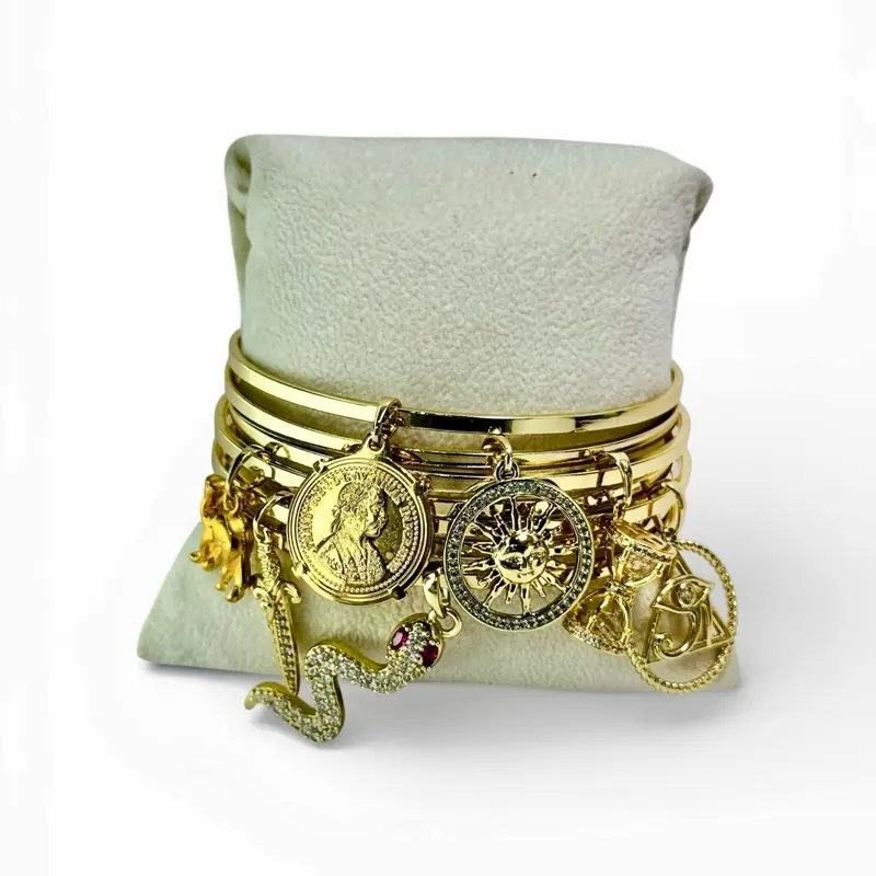 Boho Style Gold-Plated Bracelets with Charms, Traditional Arabic Commission Bangles with Symbols, Available in Multiple Sizes, Boho Style Bracelet, Gold Plated Bands, Gold Aesthetic