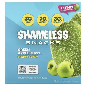 Shameless Snacks Gummy Candy, Green Apple Blast®, 6 Bags, 1.8 oz (50 g) Each