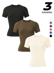 Women's Solid Round Neck Sports Tee, Casual Comfy Breathable Short Sleeve T-shirt for Yoga Gym Workout, Ladies Sportswear for All Seasons