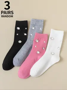 3 pairs of mid-calf socks adorned with sparkling sequins and rhinestones—elegant and comfortable, perfect for ladies' nightclub outings, parties, and everyday wear, Casual Soft Socks
