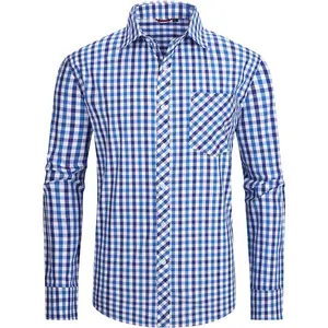 Men's Plaid Button Down Shirts Cotton Lightweight Long Sleeve Shirt Business Casual Shirts with Pocket