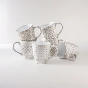 Coffee Mugs Set of 6, 19 oz Large Mug, Ceramic Embossment Stoneware Tea Cups with Handle for Men Women, Handcrafted Mug Gift Set, Housewarming Wedding Gift