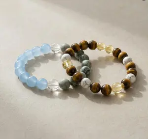 Hcrystyle Bracelet men set - Natural Citrine, Howlite, Tiger's eye stone, Aquamarine, Picture Jasper & Clear Quartz combination Designed for enhancing positivity and fluidity - Gift for friends- birthday/ anniversary gift | 8mm beads 6.5-7.5 inches