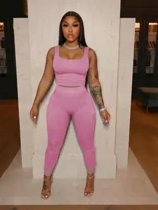 USBoutiqueCHIC Women’s Ribbed Square Neck Crop Top & High-Waisted Leggings Two-Piece Set | Slim-Fit Casual Daily Outfit