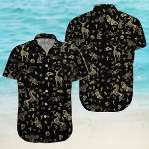Gothic Skeleton Animals Hawaiian Shirt 100% Polyester, Mythical Unicorn Bat Deer Aloha Top, Dark Fantasy Family Vacation Button Down