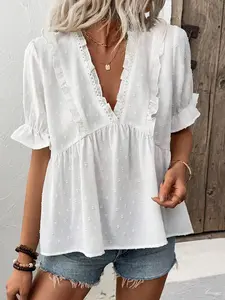 Bubble Sleeve V-Neck Ruffle Casual Top, Plaid Pattern Tank Top, Comfortable & Stylish Women's Clothing, Perfect for Daily Wear, Blouse
