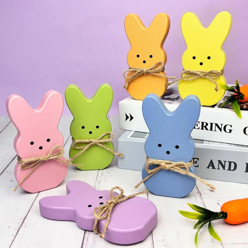 6-Piece Easter Bunny Wooden Peeps Centerpiece Sign Set with Hemp Rope, Home Table Decor for Indoor Tiered Tray, Easter Basket Stuffer & Wood Gift for Mantel Shelf, Ornaments