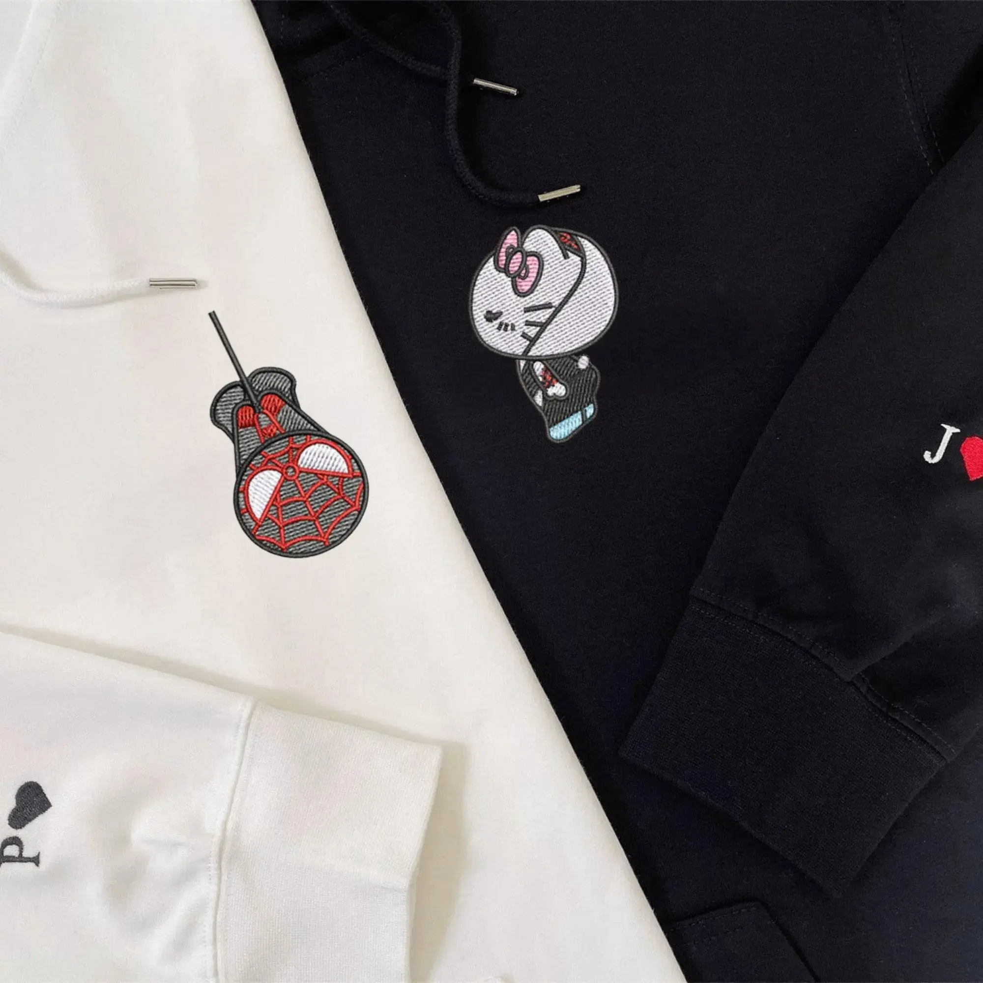 [MADE IN US] Custom Embroidered Couple Matching Hoodies - Kitten and Spider Partner Sweatshirts, Couple Outfit, Anniversary Gift, Cute Shirt