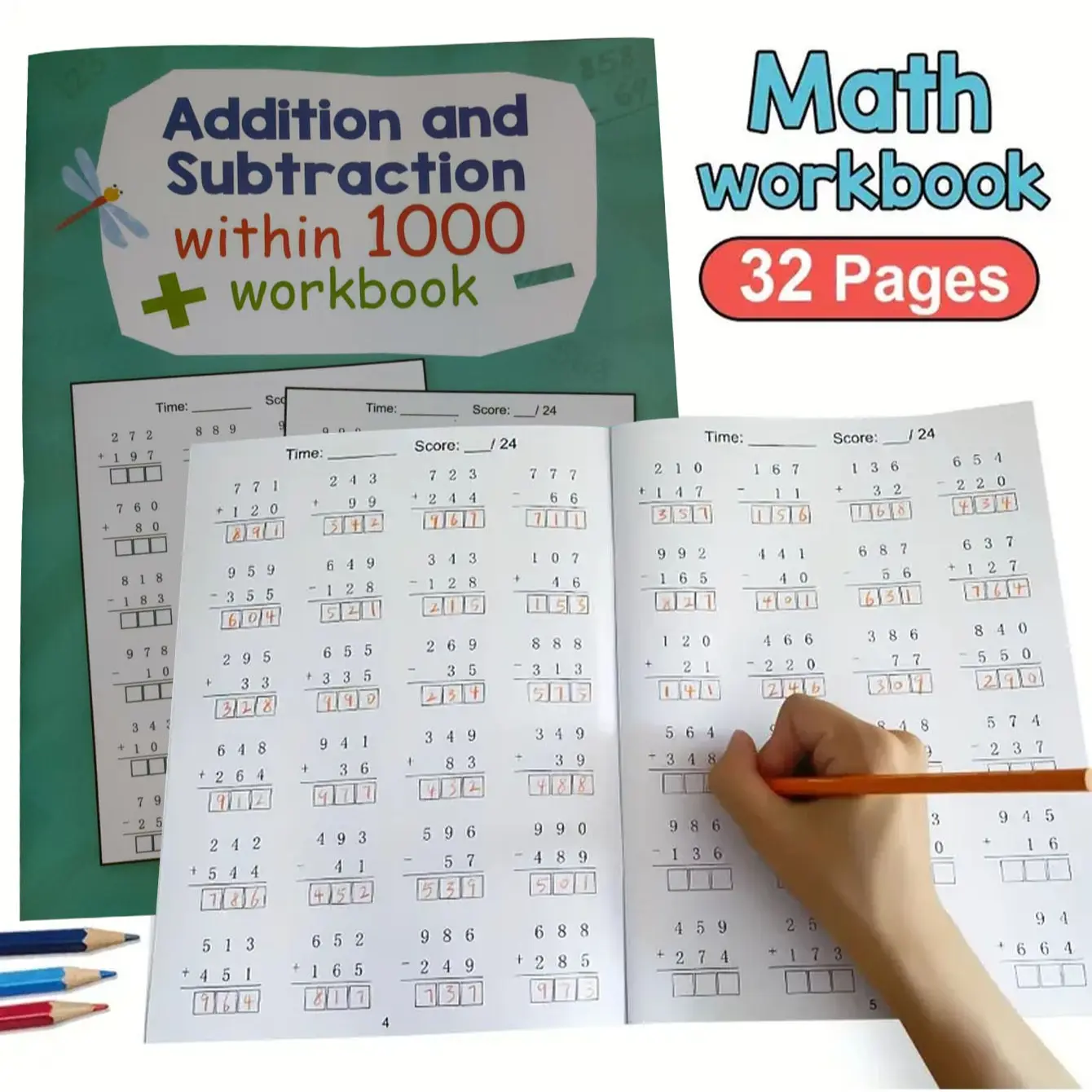 Primary School Math Practice Book, Elementary School Learning Materials, Homeschool Supplies, Addition & Subtraction Up to 1000, Ideal for Home Education and Competitions