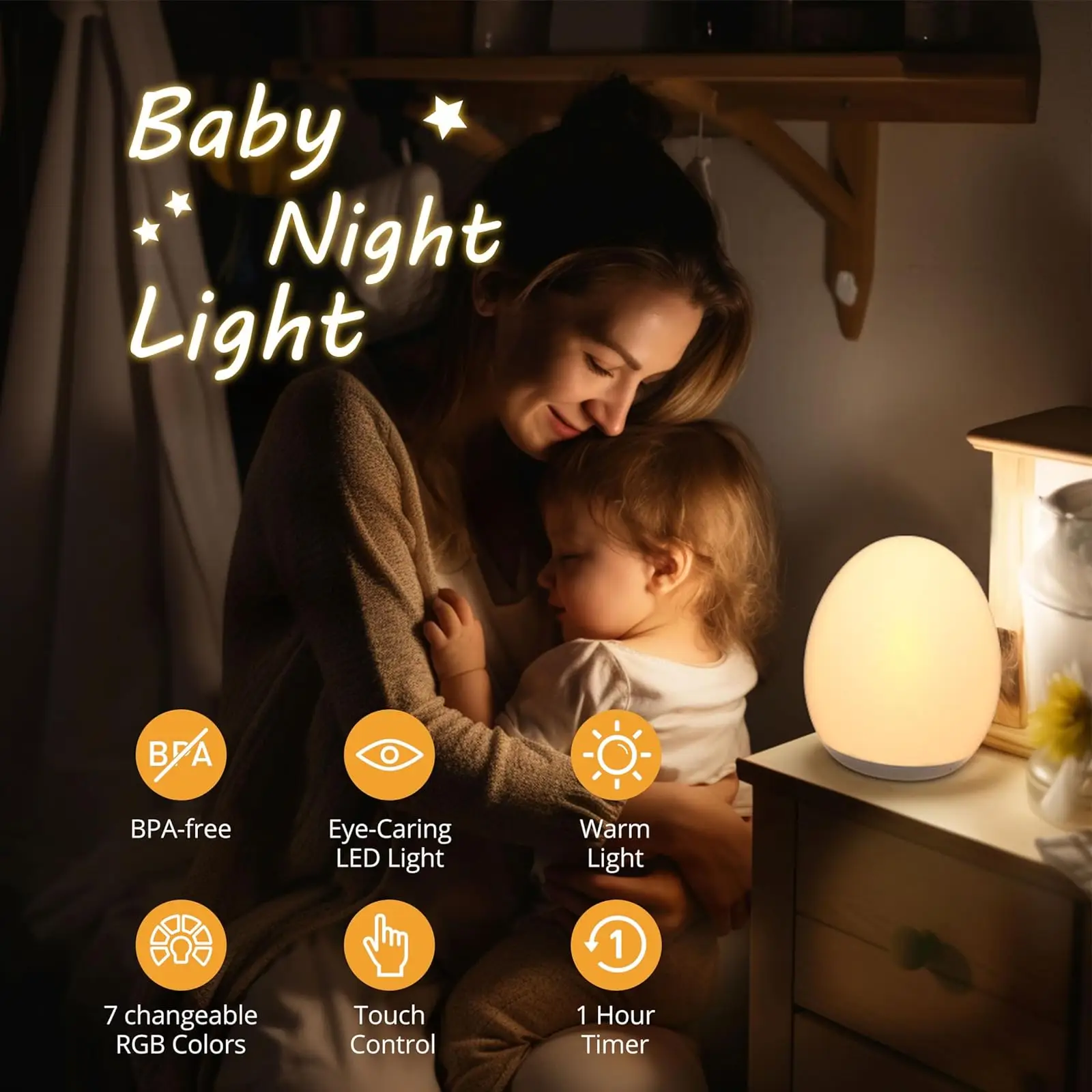 Portable Egg Night Light for Kids,Babies, Rechargeable Tap Light with 7 RGB Colors,Timer and Touch Control