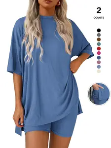 2026 Women's Solid Color Short Sleeve Two-Piece Set, Casual Breathable Round Neck T-Shirt and Shorts, Fitted Design, All-Season Comfort Womenswear