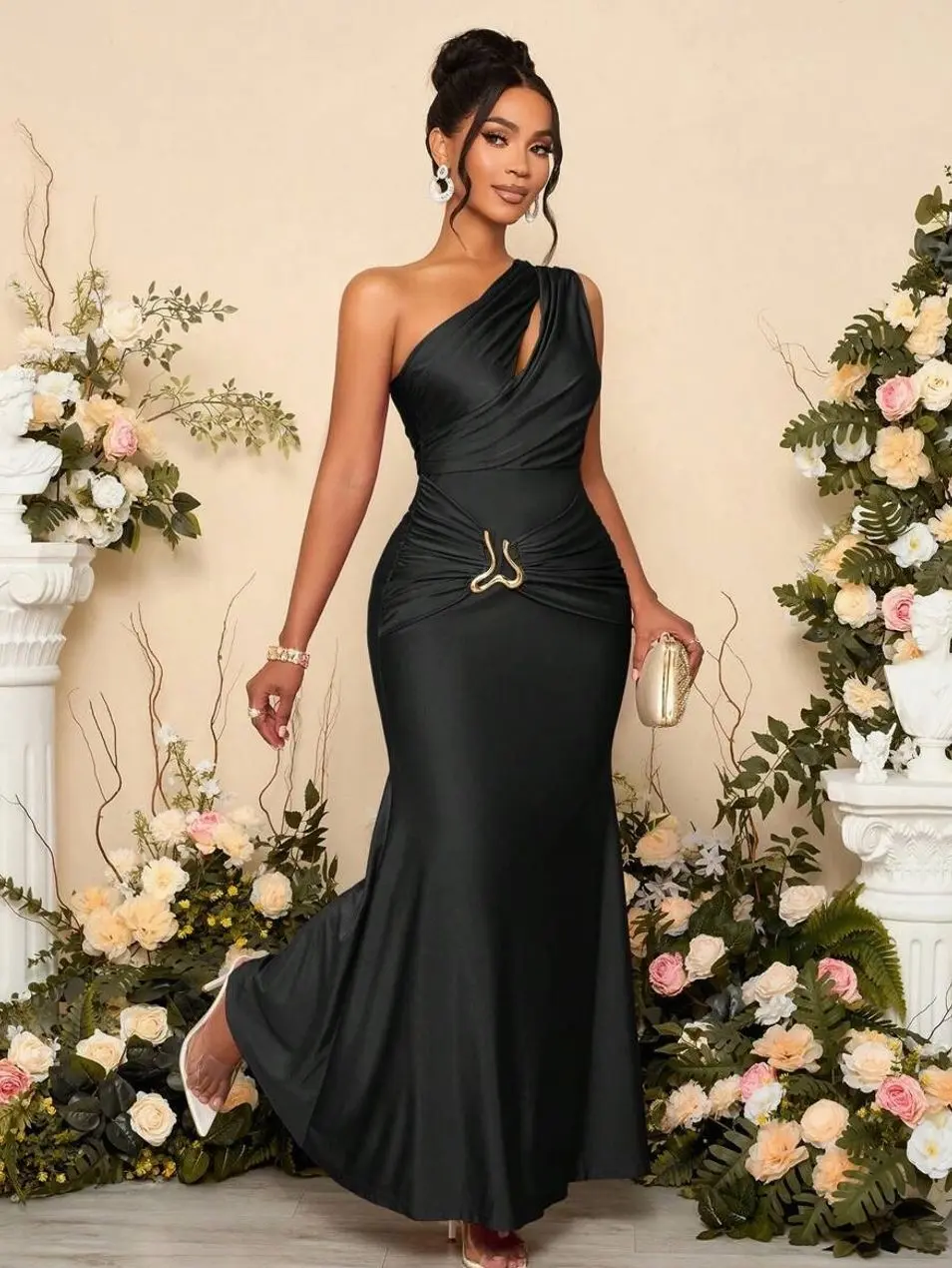 Women's Solid Color Hollow Asymmetric Neck Metal Decorated Bodycon Dress Long Maxi Women Outfit