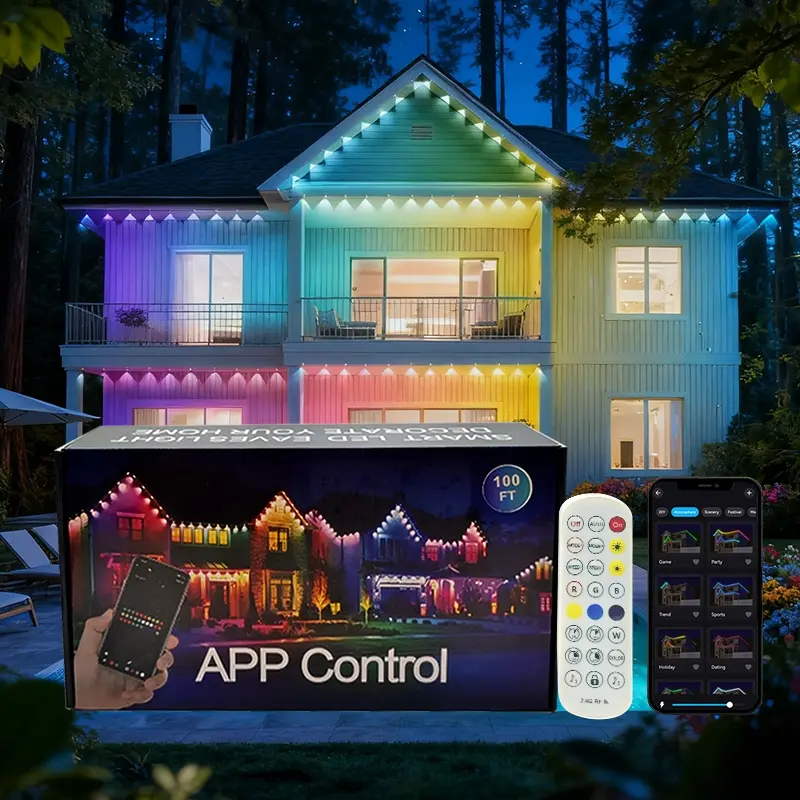 100FT DIY Outdoor Solar Eaves Light, Adjustable Led Lights, APP/Voice/Remote Control RGBIC Smart Light, IP67 Waterproof Rating, With Installation Tools, Suitable for Outdoor Lighting of Houses, as Well as Festive Decorations Such as Christmas Lights