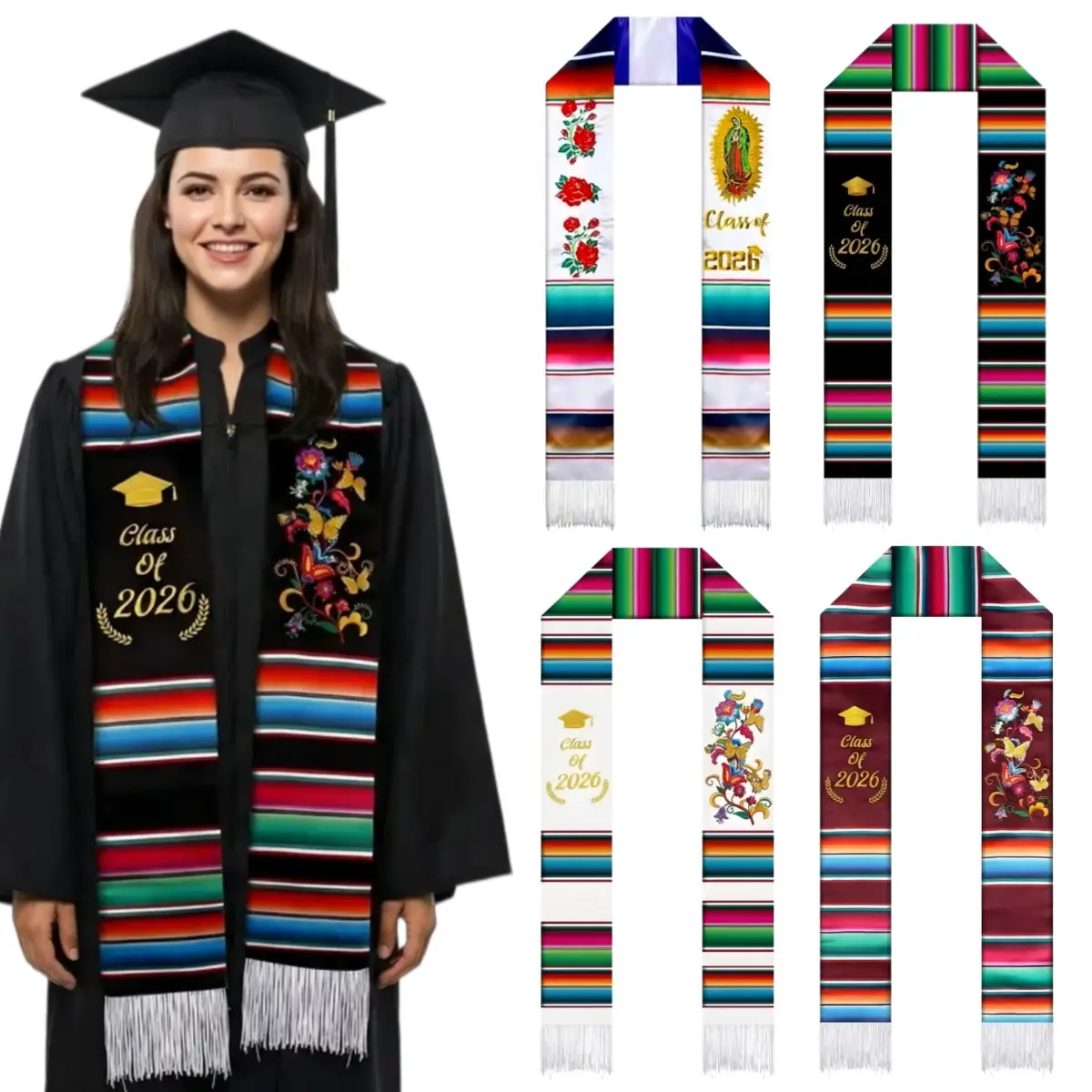 Bohemian style graduation season college ceremony, students group photo, shawl, Wrap shawl, ribbon, graduation stole, Boho Chic Design, bachelor's degree graduation party, gifts for friends and children