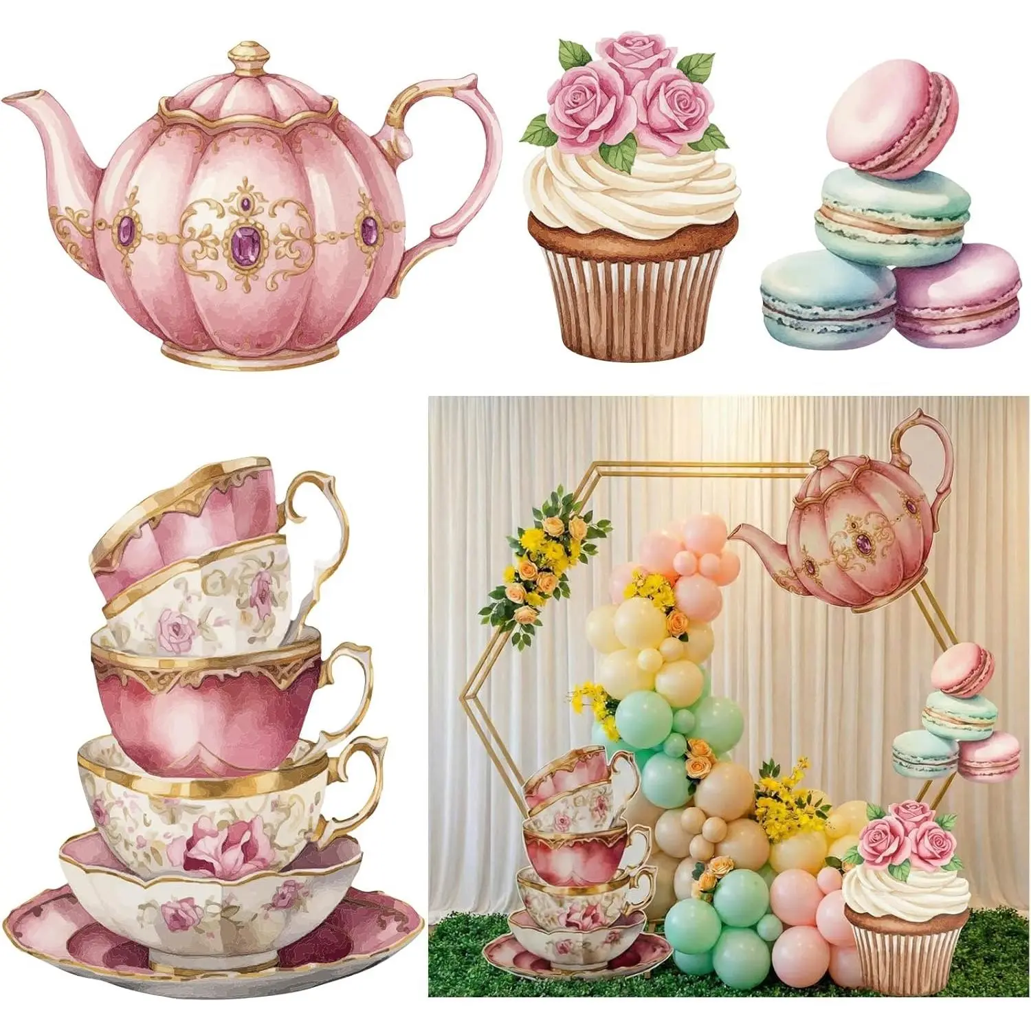 Novabright 4 Pcs Large Tea Party Decorations Backdrop Photo Booth Props Signs Table Centerpiece Vintage Floral Teapot Tower Cupcake Macaron Cutouts for Tea Birthday, Bridal Shower, Wedding Yard Decor