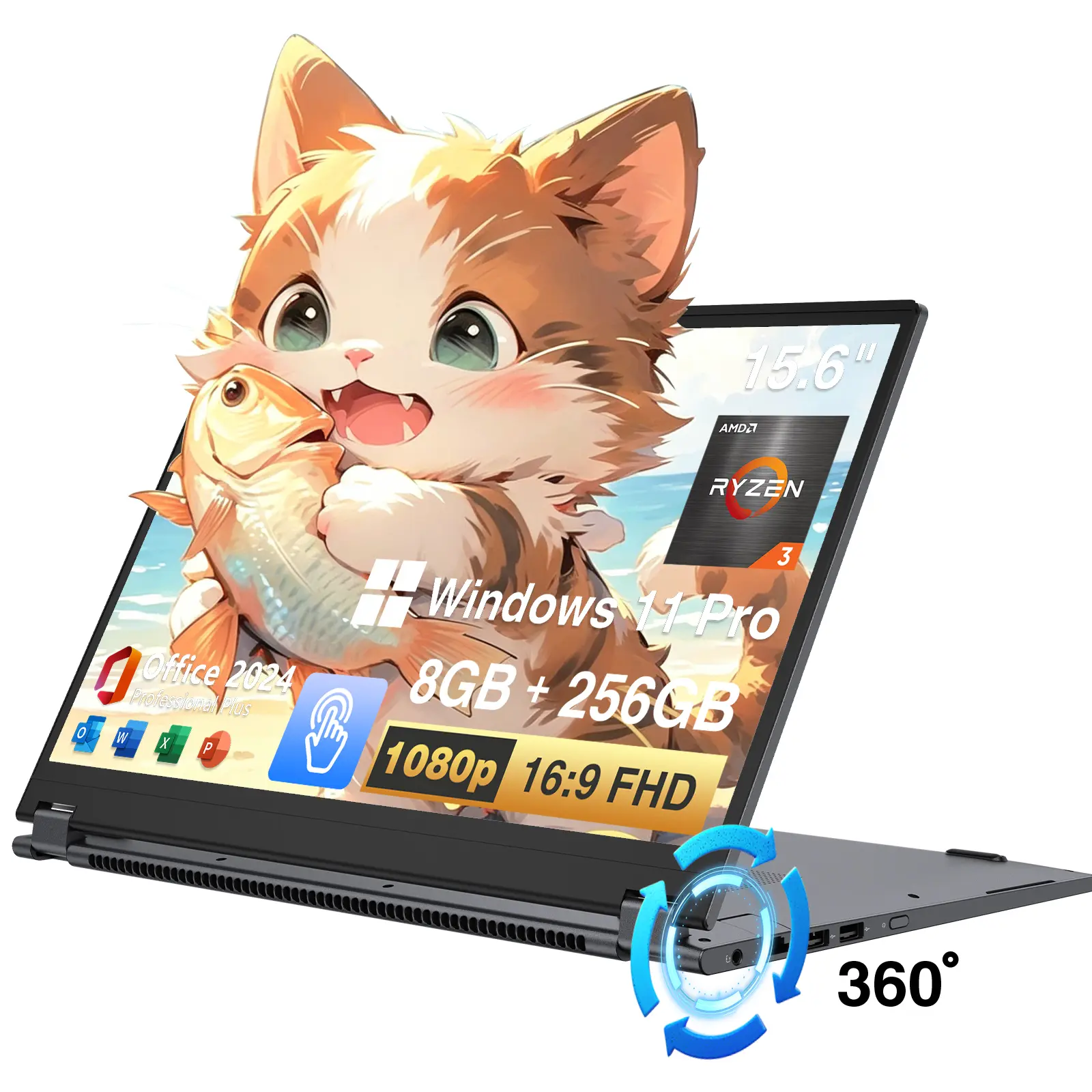TPV 2-in-1 Convertible USB Type-C Laptop - 15.6" FHD 1920x1080 IPS Touchscreen, AMD Ryzen R3 3200U (Up to 3.5 GHz), Radeon Vega 3, 8GB DDR4, 256GB SSD, Windows 11 Pro, WiFi, BT5.1, RJ45, HDMI Port, Backlit Keyboard for Students, Stunning Visuals
