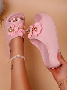 Women's Summer New Fashionable Sandals, Fashion Elegant Thick Sole Slippers, Rose Flower & Bowknot Decor, Anti-Slip Eva Shoes for Indoor Outdoor