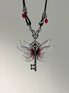 Dragonfly Keychain Necklace, Dangling Charms Necklace, Leather Cord Neck Chain, Unisex Halloween Accessory, Party Jewelry, Holiday Gift, Friend Present