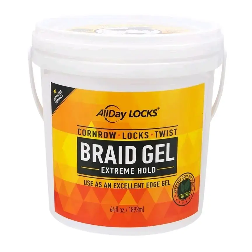 AllDay Locks Haircare 64 fl oz Braid Gel Bucket - Extreme Hold Braids Mousse & Gel, Smooth, Long-Lasting Shine, Frizz-Free, Flake-Free Edge Control with Tea Tree, Lavender, Peppermint Oils