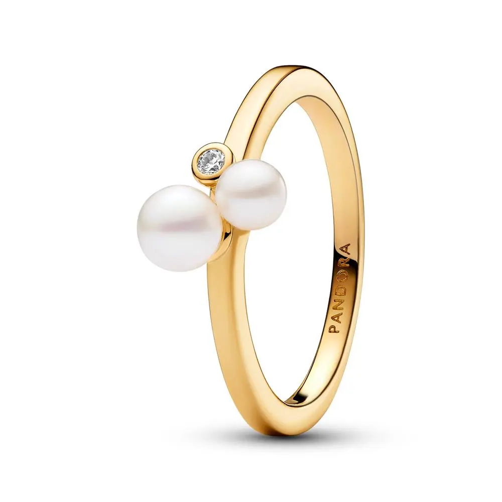 PANDORA Timeless Asymmetrical Pearl Duo Ring, 14 Karat Gold-Plated with Freshwater Cultured Pearls and Cubic Zirconia, Symbol of Togetherness